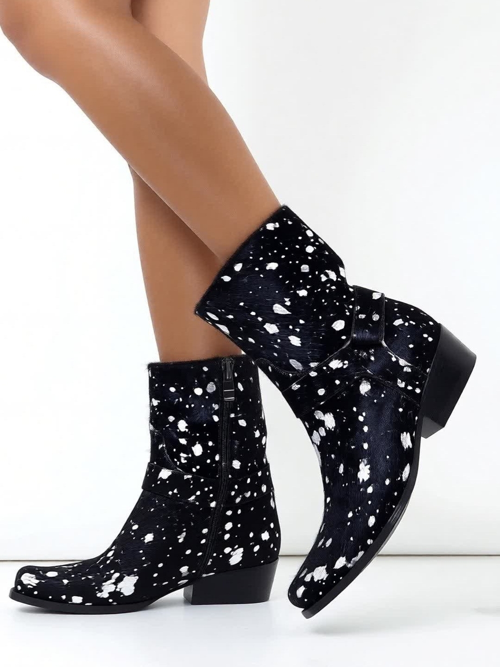 Dingo 1969 Cow Hair Black Ankle Booties with Silver Speckle Detail